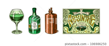 Bottle of Absinthe Glass shot. Woman holding a toast drink. Pot Swan necked copper stills distillery Bottle of Absinthe Glass shot. Woman holding a toast drink. Pot Swan necked copper stills distillery 106986250