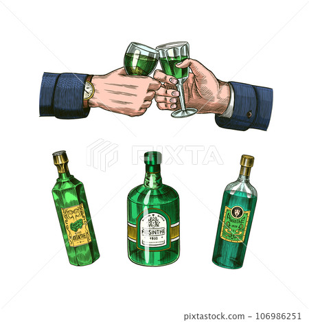 Bottle of Absinthe Glass shot. Woman holding a toast drink. Pot Swan necked copper stills distillery 106986251