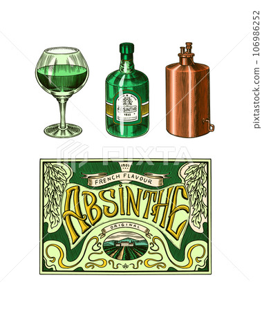 Bottle of Absinthe Glass shot. Woman holding a toast drink. Pot Swan necked copper stills distillery Bottle of Absinthe Glass shot. Woman holding a toast drink. Pot Swan necked copper stills distillery 106986252