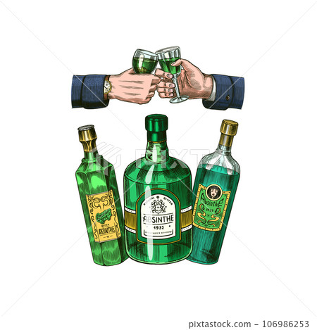 Bottle of Absinthe Glass shot. Woman holding a toast drink. Pot Swan necked copper stills distillery 106986253