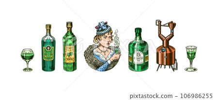 Bottle of Absinthe Glass shot. Woman holding a toast drink. Pot Swan necked copper stills distillery Bottle of Absinthe Glass shot. Woman holding a toast drink. Pot Swan necked copper stills distillery 106986255