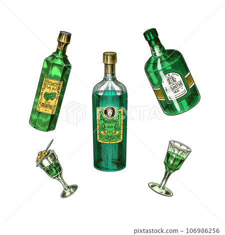 Bottle of Absinthe Glass shot. Woman holding a toast drink. Pot Swan necked copper stills distillery Bottle of Absinthe Glass shot. Woman holding a toast drink. Pot Swan necked copper stills distillery 106986256