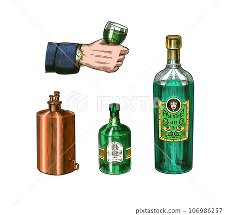 Bottle of Absinthe Glass shot. Woman holding a toast drink. Pot Swan necked copper stills distillery Bottle of Absinthe Glass shot. Woman holding a toast drink. Pot Swan necked copper stills distillery 106986257