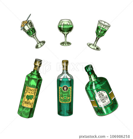Bottle of Absinthe Glass shot. Woman holding a toast drink. Pot Swan necked copper stills distillery Bottle of Absinthe Glass shot. Woman holding a toast drink. Pot Swan necked copper stills distillery 106986258