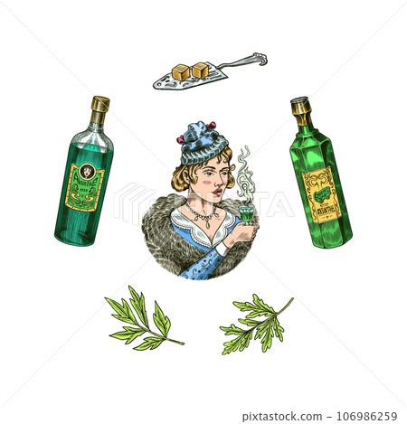 Bottle of Absinthe Glass shot. Woman holding a toast drink. Pot Swan necked copper stills distillery Bottle of Absinthe Glass shot. Woman holding a toast drink. Pot Swan necked copper stills distillery 106986259