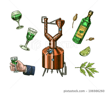 Bottle of Absinthe Glass shot. Woman holding a toast drink. Pot Swan necked copper stills distillery Bottle of Absinthe Glass shot. Woman holding a toast drink. Pot Swan necked copper stills distillery 106986260