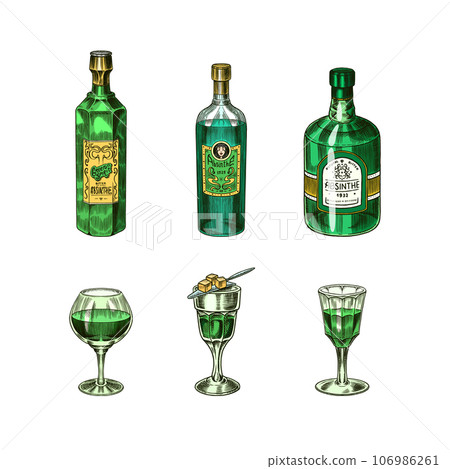 Bottle of Absinthe Glass shot. Woman holding a toast drink. Pot Swan necked copper stills distillery Bottle of Absinthe Glass shot. Woman holding a toast drink. Pot Swan necked copper stills distillery 106986261