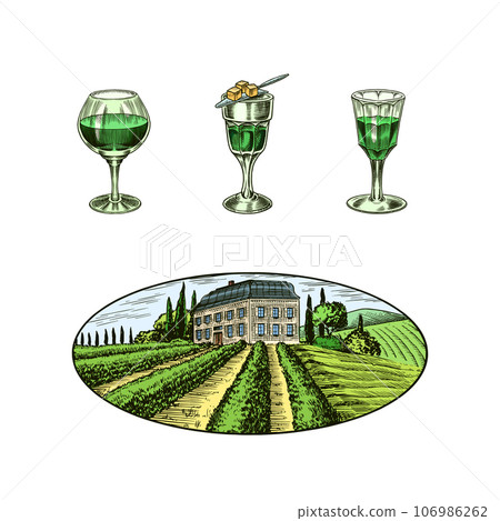 Bottle of Absinthe Glass shot. Woman holding a toast drink. Pot Swan necked copper stills distillery Bottle of Absinthe Glass shot. Woman holding a toast drink. Pot Swan necked copper stills distillery 106986262