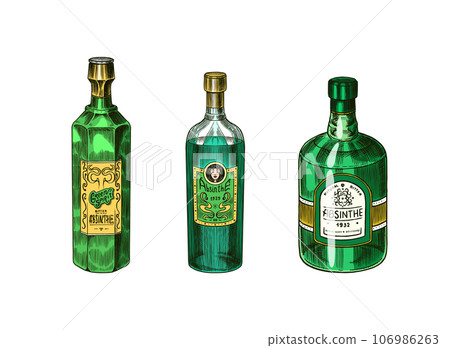 Bottle of Absinthe Glass shot. Woman holding a toast drink. Pot Swan necked copper stills distillery Bottle of Absinthe Glass shot. Woman holding a toast drink. Pot Swan necked copper stills distillery 106986263