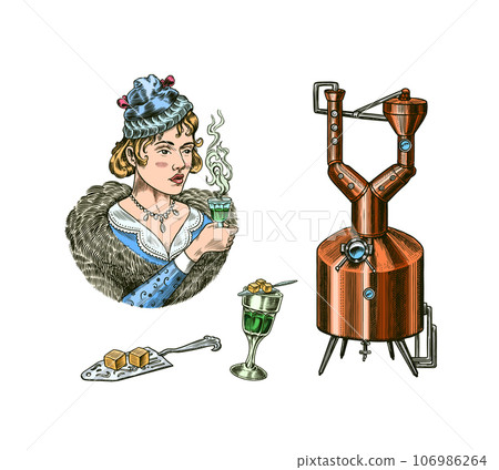 Bottle of Absinthe Glass shot. Woman holding a toast drink. Pot Swan necked copper stills distillery Bottle of Absinthe Glass shot. Woman holding a toast drink. Pot Swan necked copper stills distillery 106986264
