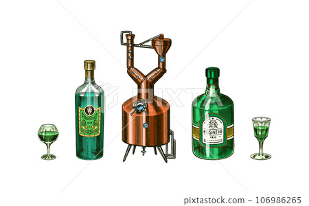 Bottle of Absinthe Glass shot. Woman holding a toast drink. Pot Swan necked copper stills distillery Bottle of Absinthe Glass shot. Woman holding a toast drink. Pot Swan necked copper stills distillery 106986265