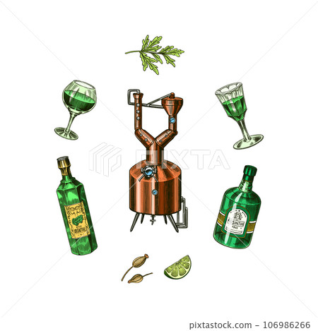 Bottle of Absinthe Glass shot. Woman holding a toast drink. Pot Swan necked copper stills distillery Bottle of Absinthe Glass shot. Woman holding a toast drink. Pot Swan necked copper stills distillery 106986266