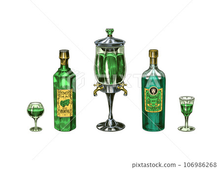 Bottle of Absinthe Glass shot. Woman holding a toast drink. Pot Swan necked copper stills distillery Bottle of Absinthe Glass shot. Woman holding a toast drink. Pot Swan necked copper stills distillery 106986268