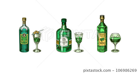 Bottle of Absinthe Glass shot. Woman holding a toast drink. Pot Swan necked copper stills distillery Bottle of Absinthe Glass shot. Woman holding a toast drink. Pot Swan necked copper stills distillery 106986269