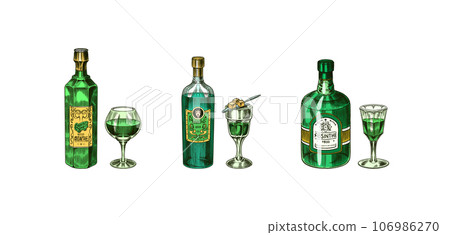 Bottle of Absinthe Glass shot. Woman holding a toast drink. Pot Swan necked copper stills distillery Bottle of Absinthe Glass shot. Woman holding a toast drink. Pot Swan necked copper stills distillery 106986270