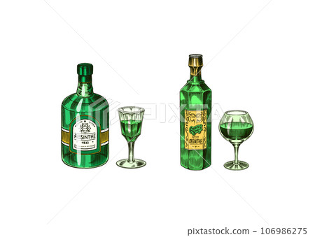 Bottle of Absinthe Glass shot. Woman holding a toast drink. Pot Swan necked copper stills distillery Bottle of Absinthe Glass shot. Woman holding a toast drink. Pot Swan necked copper stills distillery 106986275
