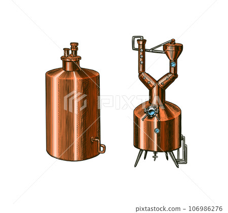 Pot Swan necked copper stills distillery for making alcohol. Bottle of Absinthe. Label for retro Pot Swan necked copper stills distillery for making alcohol. Bottle of Absinthe. Label for retro 106986276