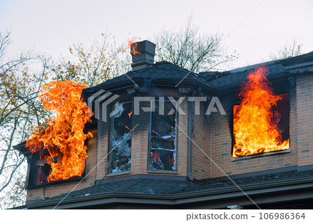 House ablaze, fire obliterates entire structure reducing it to ashes 106986364