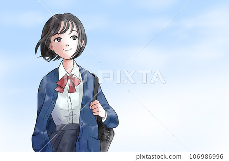 Illustration of a female student walking under the blue sky, watercolor style Illustration of a female student walking under the blue sky, watercolor style 106986996