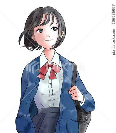 Illustration of a female student walking under the blue sky, watercolor style, no background Illustration of a female student walking under the blue sky, watercolor style, no background 106986997