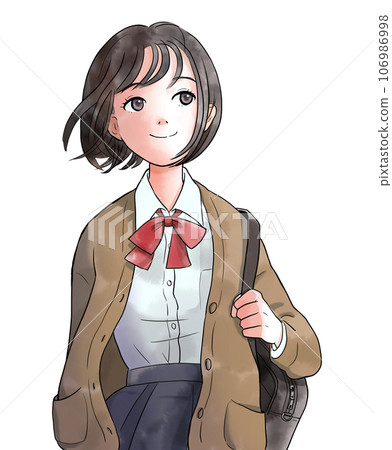女學生微笑行走的插圖,水彩風格,無背景(棕色) 女學生微笑行走的插圖,水彩風格,無背景(棕色) 106986998