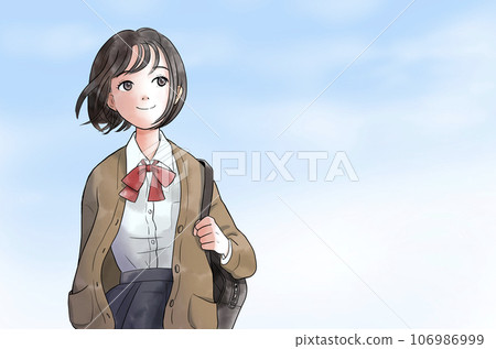 女學生微笑行走的插圖，水彩風格（棕色） 106986999