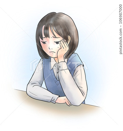 一個女孩低下頭、表情陰沉的插圖 一個女孩低下頭、表情陰沉的插圖 106987000