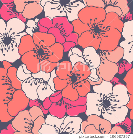 Stylized apple tree flowers line art seamless pattern. Summer vector flowers pattern. Vector endless illustration. 106987297