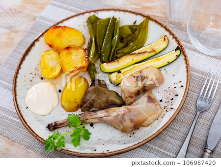 Rabbit meat with vegetables served on plate 106987420