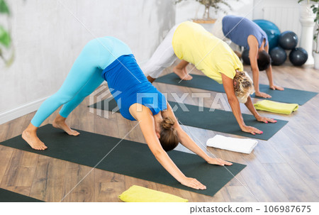 Family practicing downward facing dog pose of yoga in fitness room 106987675