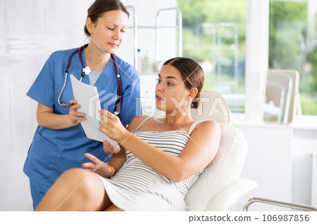 Woman doctor give patient medical documents for review before carrying out cosmetic procedure Woman doctor give patient medical documents for review before carrying out cosmetic procedure 106987856