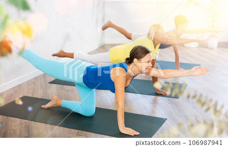 Mother, grandmother and adolescence son do bird dog Dandayamana Bharmanasana Balancing Table pose Mother, grandmother and adolescence son do bird dog Dandayamana Bharmanasana Balancing Table pose 106987941