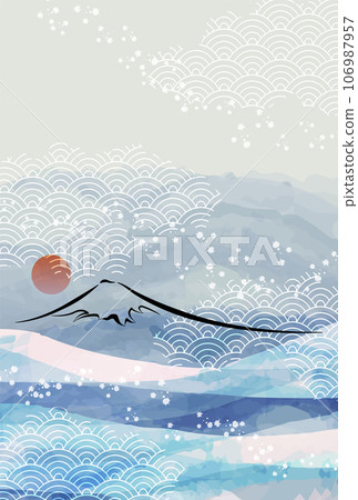 Mt. Fuji Japanese pattern New Year's card wave background 106987957