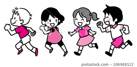 Two-color illustration of four children running in short sleeves 106988122