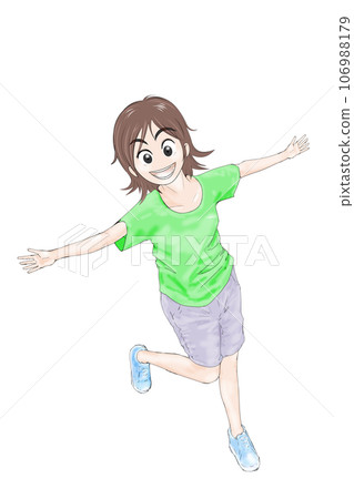 開朗的女孩張開雙臂微笑，白色背景 106988179