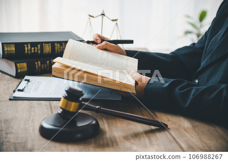 Lawyers reading the law Law theme, mallet of the judge, law enforcement officers, evidence-based cases and documents taken into account. Lawyers reading the law Law theme, mallet of the judge, law enforcement officers, evidence-based cases and documents taken into account. 106988267