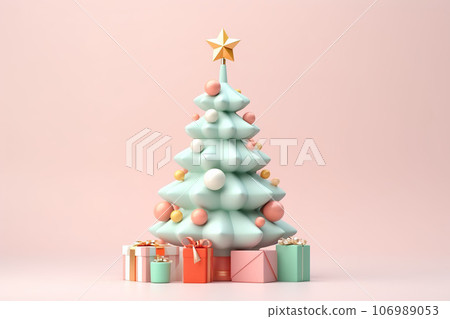 3D illustration of Christmas tree on pastel background. Generative AI. 3D illustration of Christmas tree on pastel background. Generative AI. 106989053