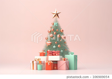 3D illustration of Christmas tree on pastel background. Generative AI. 106989054