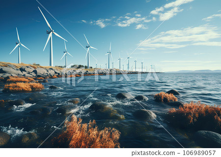 Wind turbines on the shore. Generative AI. 106989057