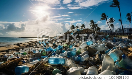 Big pile of garbage, ocean pollution in tropical beach. Big pile of garbage, ocean pollution in tropical beach. 106989193