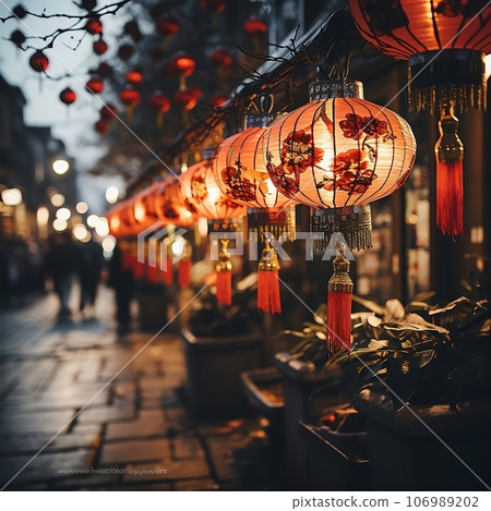 Chinese lanterns on the street with lights, cozy atmosphere on new year Chinese lanterns on the street with lights, cozy atmosphere on new year 106989202