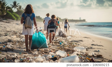 Group of volunteers collecting plastic waste on the beach. Recycling concept Group of volunteers collecting plastic waste on the beach. Recycling concept 106989215