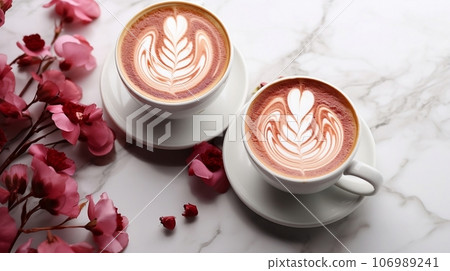 Two cups of cappuccino with latte art on marble background Two cups of cappuccino with latte art on marble background 106989241