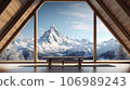 Wooden bench in the living room with a view of the mountains 106989243