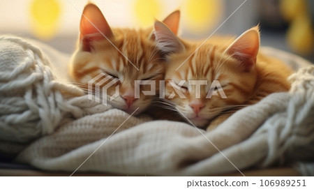 Cute ginger kittens sleeping on knitted plaid, closeup Cute ginger kittens sleeping on knitted plaid, closeup 106989251