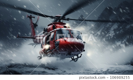 Emergency Helicopter landing in the mountains during a snowfall 106989255