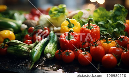 Variety of fresh vegetables on kitchen table. Healthy food concept 106989258