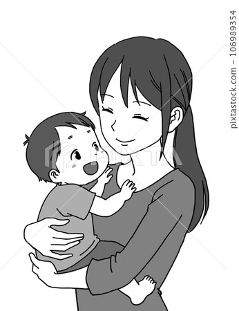 Monochrome illustration of a mother and baby boy looking at each other with a smile 106989354