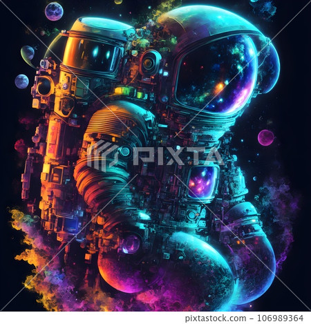 Astronaut on dark with neon light. 106989364