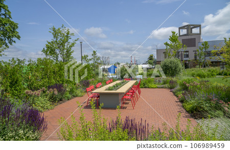 Outdoor dining table set in the garden 106989459